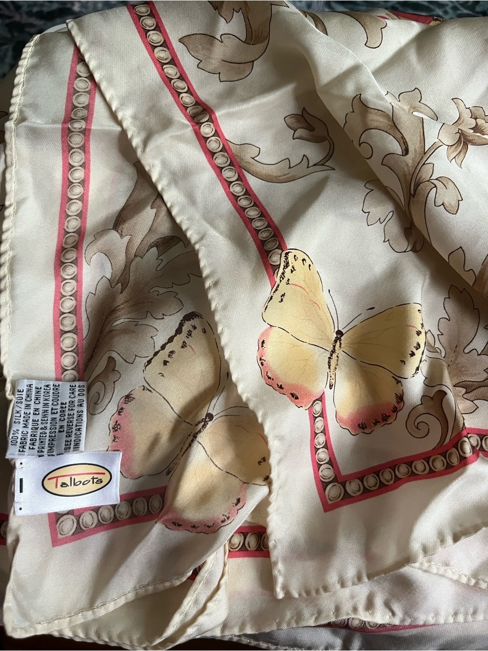 Talbots Cream Scarf with Yellow and Pink Butterfly Motif